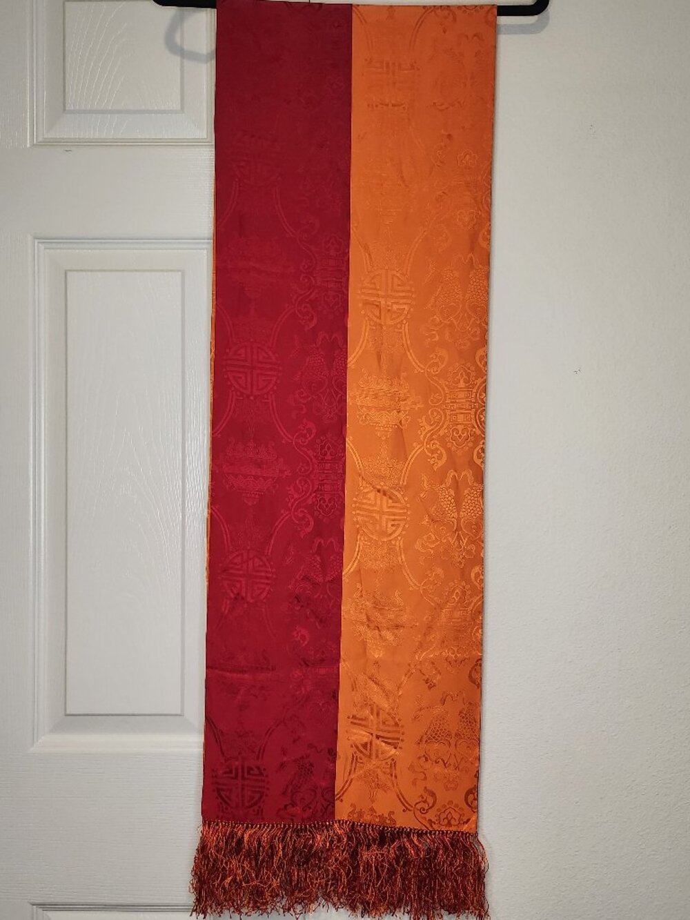 Shanghai Tang 100% Silk Scarf Shawl Colorblock Orange Red Fringe Long Wrap